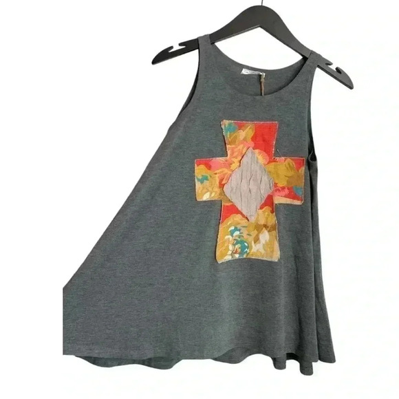 Lost Petal Linen Gray Women's Tank Size Small Patchwork Cross Swing Top - Picture 3 of 9